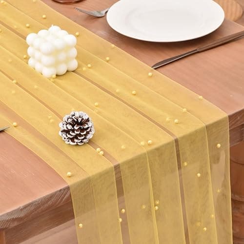 Joanlody Pearl Table Runner 10ft Rustic Boho Tulle Runner with Pearls for Baby Shower Wedding Party Veil Dessert Table Decor Yellow - Image 1