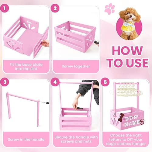 Teenyyou 20" x 13" x 9" Wooden Dog Closet Pet Wardrobe Crate Box with Hanging Rods and Personalized Alphabet Letters Easy Assembly Baskets for Dog Cat Toys Clothes Accessories(Pink) thumbnail 3