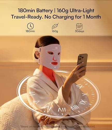 INIA Red Light Therapy Mask for Face, 850nm NIR, Red/Blue LED Light 4 Modes | Visible Results in Just 4 Weeks, 220 LEDs, 105mW/cm² Output, 2600mAh Rechargeable Battery, 10-30min Timer, Auto Shut-off thumbnail 7