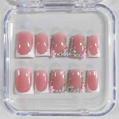 Handmade Press on Nails Short Duck White French Tip Thick Acrylic Fake Nails 3D Floral False Nails with Rhinestones Pink Flower Designs Elegant Sturdy Nail Art Press on Nails 10Pcs(S) thumbnail 4