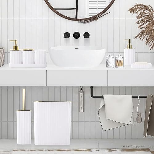 XLHOMO Bathroom Accessories Set - Gorgeous Bathroom Set, 10PC White Bathroom Accessory Set, Toilet Brush, Trash Can, Qtip Holder Dispenser & Soap Dispenser thumbnail 2