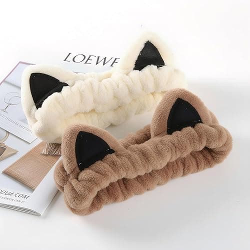 Cat Ears Headband, Cute Spa Headband and Wristband Set Washing Face Skincare Makeup Headbands for Women Girls Trendy Stuff Present Soft Coral Fleece Hair Accessories(1Beige+2Khaki) thumbnail 8
