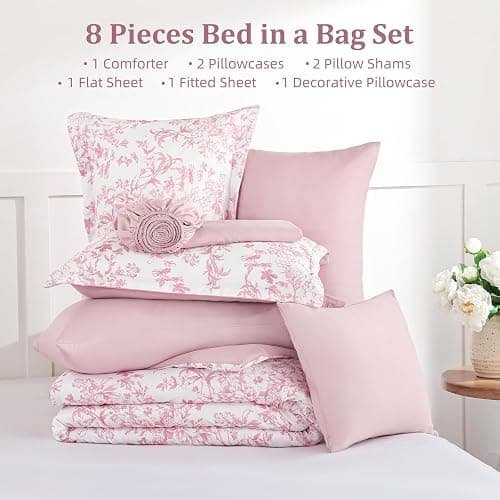 WONGS BEDDING King Size Comforter Set, 8 Pieces Pink Floral Bed in a Bag Comforter Sets, Botanical Print Soft Fluffy Microfiber Complete Bedding Sets for All Season (90"x104") thumbnail 7