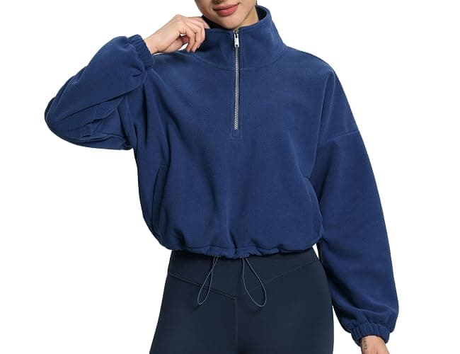 THE GYM PEOPLE Women’s Half Zip Crop Pullover Sweatshirt Fleece Loose Fit Workout Tops with Pockets Drawstring Hem thumbnail 5