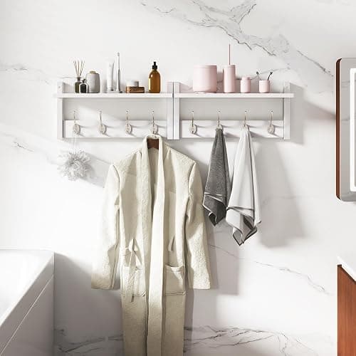 YMYNY Coat Rack Shelf Wall Mounted, Coat Hooks Set of 2, Entryway Coat Hanger with 4 Double Hooks, 31.5" Wall Floating Shelf with Hat Rack, for Kitchen, Bedroom, Bathroom, White UHWS001W-2 thumbnail 7