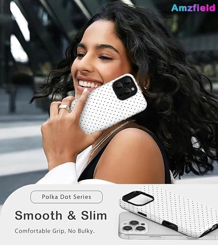 Amzfield Compatible with iPhone 16 Pro Case Cute Polka Dot Aesthetic Retro Design for Women Girls Fall Simple Chic Girly Pretty Dual Layer Hybrid Protection Elegant Case for iPhone 16 Pro-White thumbnail 6