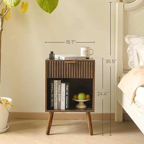 Fultyle Mid Century Modern Nightstand, Wood Bedside Table with Drawer and Opening Storage, End Table Living Room Fluted Night Stand with Solid Wood Legs for Bedroom (Rustic Brown) thumbnail 2