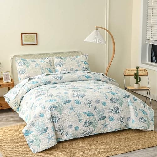 Oliven Reversible Coastal Beach Theme Quilt Set Queen/Full Size Ocean Coral Bedding Seaweed Bedspread Ocean Life Blue Green White Shell Starfish Coverlet Summer Lightweight Beach Daybed Sets thumbnail 2