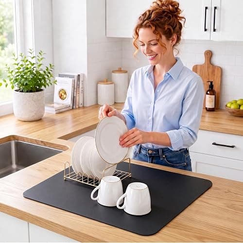 Coffee Mat Super Absorbent Dish Drying Mat Coffee Bar Mat 12"x 19", Black | Match with Coffee Machine Accessories Large Drying Mats for Kitchen Counter thumbnail 5