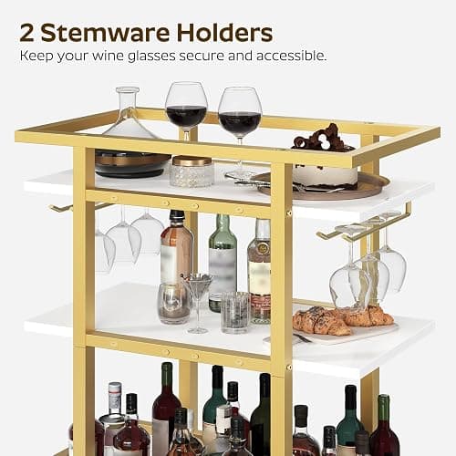 YATINEY 3 Tier Bar Cart, Home Bar Serving Cart with Wheels, Drink Cart with Glass Holder, Beverage Cart, Mobile Kitchen Cart, for Home, Garden, Party, Gold BC19DW thumbnail 6