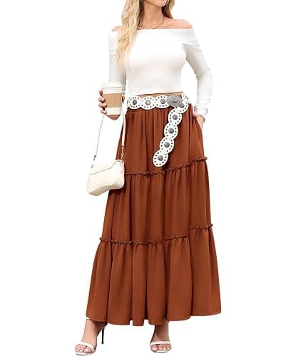Arolina Women's Summer Maxi Skirt Trendy High Waist Pleated Ruffle Long Skirts Flowy Beach Boho Skirt Dress with Pockets thumbnail 6