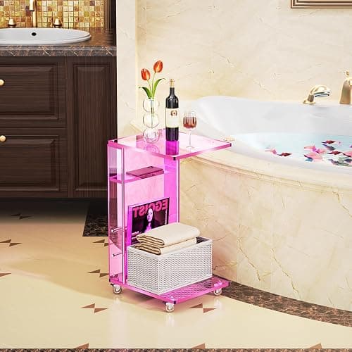 Clear Acrylic Side Table on Lockable Wheels, C Shaped End Table for Sofa, Small Coffee Tables for Small Spaces (Pink) thumbnail 8