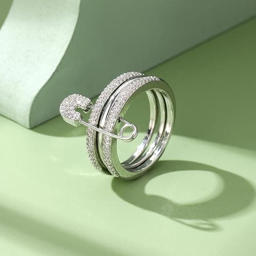 BLBLJERY Safety Pin Silver& Gold Stackable Rings for Women Non Tarnish 14k Gold Plated Statement Ring Set Cubic Zirconia Wedding Rings Thumb Ring Stack Pack Unique Jewelry Gift Women thumbnail 3