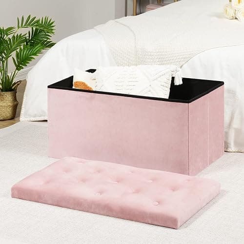 B FSOBEIIALEO Folding Storage Ottoman, Long Ottomans Shoes Bench, Velvet Storage Chest Footrest Seat 31.5"x15.7"x15.7" (Pink, Large) thumbnail 2