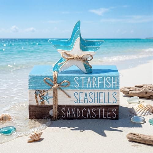 Geelin 4 Pcs Summer Beach Tiered Tray Decor Wooden Book Stack Signs, Starfish Seashell Coastal Nautical Table Centerpiece for Shelf Coffee Bar Home Kitchen Beach House Decorations thumbnail 6