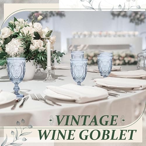 Wiwiqing 100 Pcs Plastic Goblets 7.5oz Vintage Goblet Plastic Wine Glasses Colored Retro Embossed Water Goblets for Wine Bar Juice Baby Shower Wedding Reception Grand Event Party (Blue) thumbnail 7