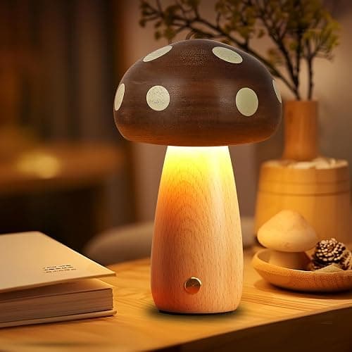 LONRISWAY LED Wooden Mushroom Lamp for Bedroom,Portable Cordless Touch Switch Small Rechargeable Battery Operated Lamp,Stepless Dimming, Night Light for Birthday Gifts - Image 1
