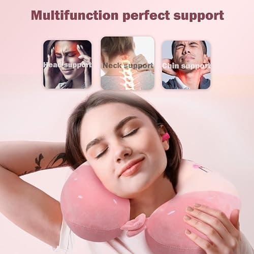 Fentar Neck Pillow for Travel, Memory Foam Kids Travel Pillow, Removable Travel Neck Pillow with Zips, Cute Cartoon Plane Pillow, Comfortable Adult Kids Travel Pillow for Airplane Camping Car Sleeping - Pink thumbnail 4