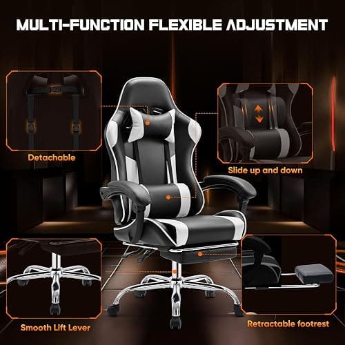 Sweetcrispy Video Game Desk Chair - Ergonomic Computer with Footrest and Comfy Lumbar Support, PU Leather Recliner with Headrest, Fixed Up Armrest, Height Adjustable with 360° Swivel, White, Adults thumbnail 7