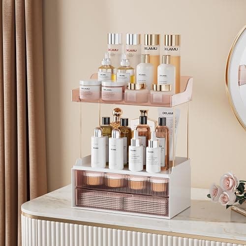 Delamu Bathroom Organizers and Storage, 2 Tier 2 Drawer Makeup Organizer Countertop, Easy to Install, Ideal for Bathroom Counter, Vanity, Ideal for Women Girls, Grapefruit thumbnail 3