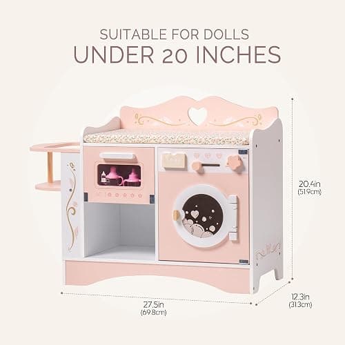 ROBOTIME Wooden 6-in-1 Baby Doll Changing Table with Baby Doll Crib, Washing Machine, Bottle Sterilizer, Storage Area, and Doll Seat, Ideal Role-Playing Toy for Kids 3+, Fits Dolls Up to 20 in, Pink thumbnail 3