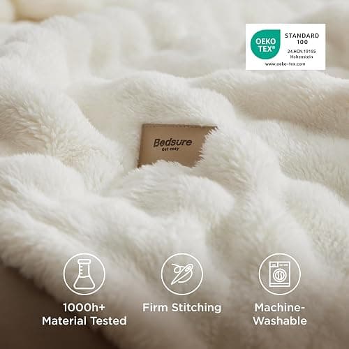 Bedsure Cosy Bubble Fleece Blanket - Soft Plush Throw Blanket for Adults, Lightweight & Warm, Off White, 130x170 cm for Sofa Throw, Bed, Gift Idea thumbnail 6