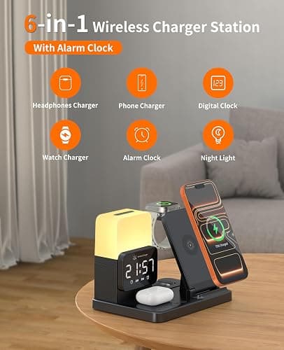 6-in-1 Wireless Charging Station, Charger Stand for Apple Multiple Devices, for iPhone 17 16 15 14 13 12 Pro Max Watch Airpods, Wireless Charger iPhone Charging Station with Night Light/Alarm Clock thumbnail 2