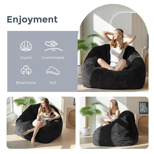 MAXYOYO Giant Bean Bag Chair, Oversized Bean Bag Couch for Adults and Kids, Faux Fur Shell-Shaped Large Chair with Filler, Stuffed Big Accent Sofa Lounge Floor Sofa for Gaming, Reading, Black thumbnail 3