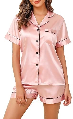 Vlazom Damen Satin Schlafanzug Kurzarm Satin Pyjama Set mit Knopfleiste Zweiteiliger Hausanzug - Image 1