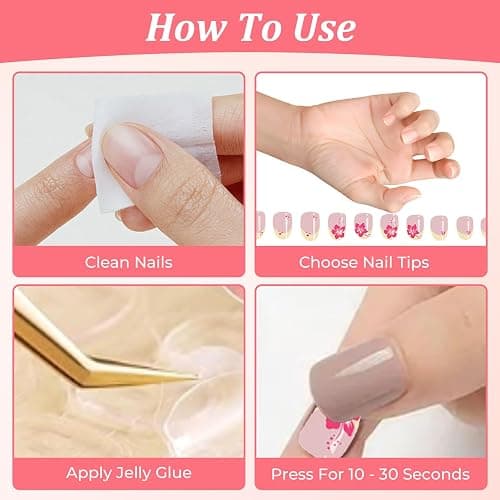 96 PCS False Nails, Waterproof Durable Press on Nails for Kids, Flower Fake Nail Stickers, Self Adhesive Nail Art Kit for Parties, Halloween, Daily Wear thumbnail 4