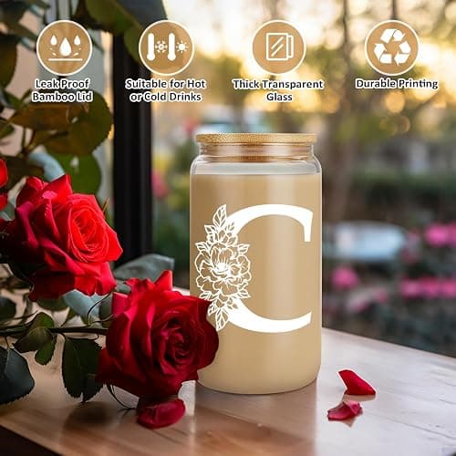 Coolife Initial Glass Cup, Monogrammed Gifts for Women, 16 oz Glass Cups w/Lids Straws, Iced Coffee Smoothie Beer Tumbler w/Straw Lid, Personalized Valentines, Birthday Gifts for Her Mom Friend Woman thumbnail 3