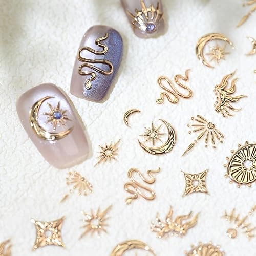 5D Embossed Gold Nail Art Stickers Star Nail Stickers for Nail Art Moon Star Nail Decals Snake Nail Design Gold Nails Supplies for Women Girls DIY Nails Decoration Accessories thumbnail 2