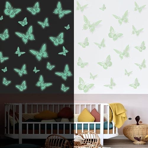 SAOROPEB Glow in The Dark 3D Butterfly 24 Pcs 3 Sizes, Luminous Butterfly Stickers for Ceiling or Wall, Glow in The Dark Party Supplies, Removable Luminous Stickers for Kids Babys Nursery (Green) - Image 1