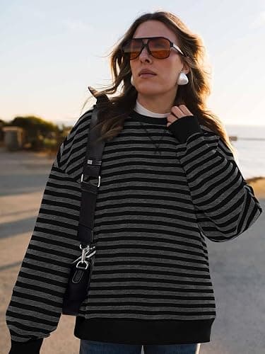 PRETTYGARDEN Womens Striped Oversized Sweatshirt Color Block Crew Neck Long Sleeve Casual Loose Pullover Top Y2K Clothes thumbnail 6