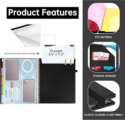 HAUTOCO Spiral Leather Clipboard Folio with Notepad (8.5 x 11''), 5 Folders with 10 Pockets, Storage Zipper Pouch, Pen Loop, 39 Stickers, Padfolio Organizer for Work School, Black thumbnail 4