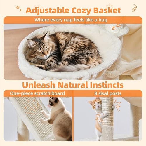 Taoqimiao Arbre a Chat Maine Coon,180cm Stable Arbres à Chat XXL avec 2 Condos Spacieux pour Chats, 8 Griffers, 2 Plateformes, Panier pour Matou, Confortable Hamac, Beige MS026LM thumbnail 6