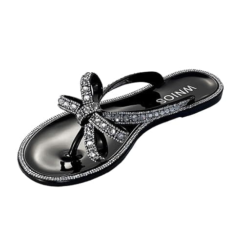 WnioJbobss Womens Flat Sandals Jelly Flip Flops Crystals Rhinestones Bow Knot Glitter Sandals - Image 1