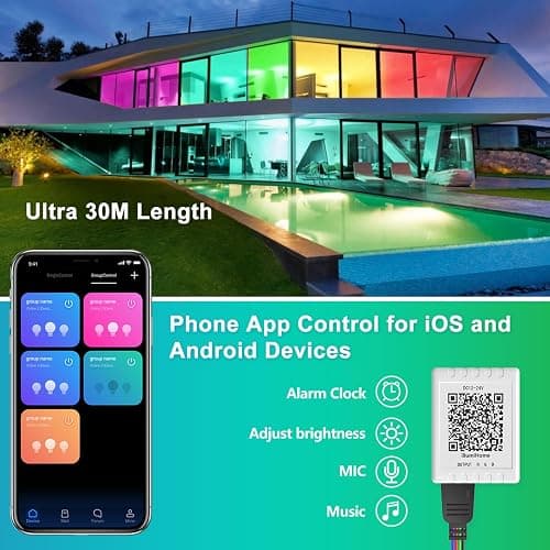 Mexllex LED Strip Lights 30M, Music Sync Color Changing RGB LED Strip with Remote, Sensitive Built-in Mic, App Controlled LED Lights, RGB LED Light Strip(APP+Remote+Mic) thumbnail 3