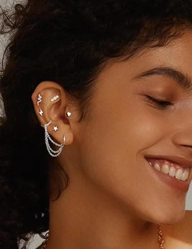 Chriscoco 33Pcs Stainless Steel Cartilage Earrings for Women Flat Back Stud Earrings Helix Earring Small Hoop Chain Earrings Hypoallergenic CZ Opal Star Heart Snake Tragus Conch Helix Piercing Jewelry thumbnail 7