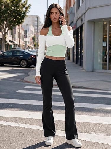 Aoysky Womens Off Shoulder Halter Crop Tops Long Sleeve Shirts Built in Bra | Wide U neckline, contrast color block halter neck, cropped tops, removable pads, workout yoga shirts, faux layered thumbnail 4