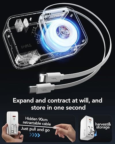 Retractable USB C Charger Wall Plug with 35.5in/90cm Type C Cables Cords,40W Fast Charging Foldable Block Multi Charger for All Devices for iPhone 17/16/15/14/13/12,iPad,Galaxy,Pixel thumbnail 3