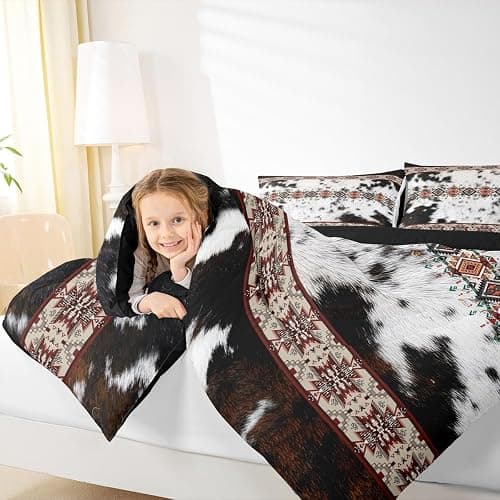 Castle Fairy Cowhide Full Size Comforter Set,Western Cow Skin Fur Print Brown Bedding Comforters Bedroom Collection,Exotic Aztec Tribal Southwest Bedding Set for Girls Teens thumbnail 3