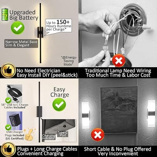 Easy Install Peel and Stick on Battery Operated Wall Sconces Set of 2 Rechargeable, Magnetic Linear Wall Sconce Wireless Long Picture Vanity Wall Light for Living Room Bedroom (2 Pack, 28.3'', Black) thumbnail 3