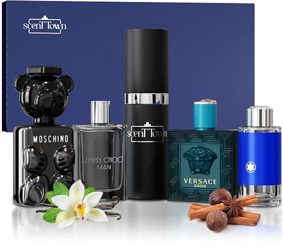 Scentown Mens Cologne Gift Sets Mini Bottle – Designer Mens Cologne Sampler Sets with Empty Refillable Atomizer – Box Includes Versace, Moschino, Mont Blanc, Jimmy Choo Travel Size (0.17 Oz Each) thumbnail 2