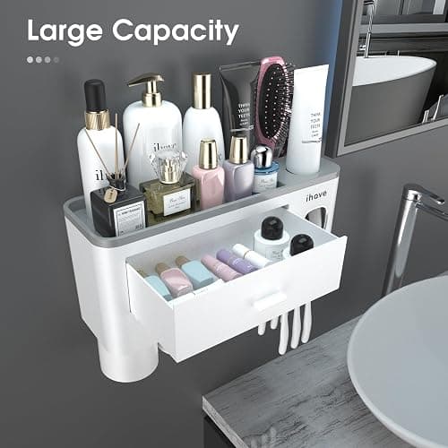 iHave Toothbrush Holder for Bathroom, 3 Cups Toothbrush Holder Wall Mounted with Toothpaste Dispenser - Large Capacity Tray, Cosmetic Drawer - Bathroom Accessories & Bathroom Organization Storage thumbnail 3