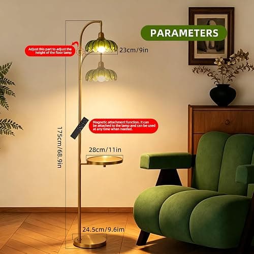 WELAISA Glass Floor Lamp with Table and Shelves, Gold | Remote Dimmable, Boho Brass Tall Lamp, Vintage Farmhouse Arc, Green Flower Design thumbnail 4