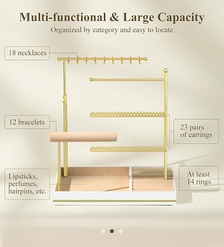 Emibele Jewelry Holder, Jewelry Organizer Stand Necklace Earrings Bracelet Holder, 5 Tier Jewelry Display Tower Rack with Metal Frame and Velvet Ring Tray, Aesthetic Jewelry Stand Gift for Women, Gold thumbnail 3