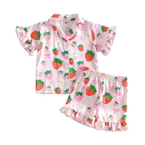 Kavousa Toddler Baby Girls Birthday Pajamas Donut Cake Bow Print Ruffle Shirt Shorts Little Girls Summer Sleepwear Outfits - Image 1