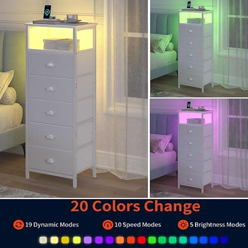sthmec Nightstand with Charging Station,LED White Nightstands with 5 Fabric Drawers PU Finish, Bedside End Tables, 2-Tier Open Storage Shelf Side Table Nightstand with Drawers for Bedroom,White thumbnail 7