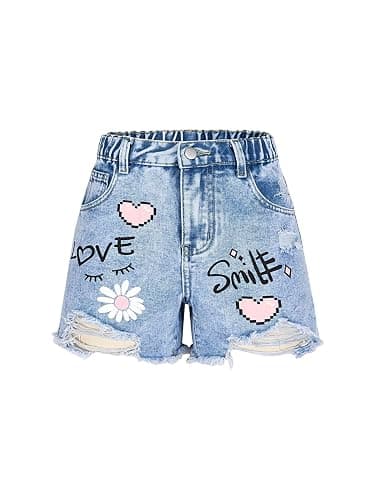 Floerns Girl's Ripped Y2k Denim Shorts Graphic Print Straight Leg Short Jeans - Image 1